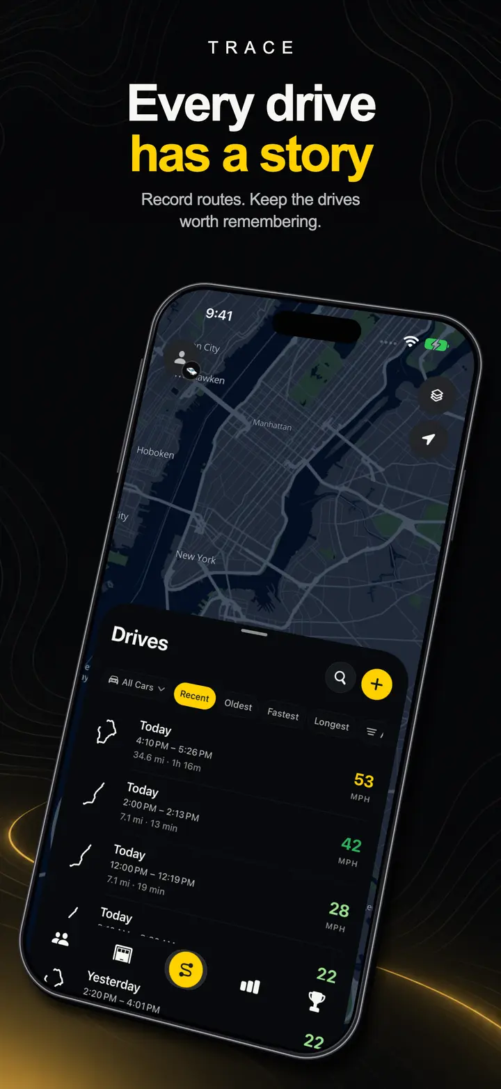 Trace App Store image headed Every drive has a story, showing the Drives list over a dark map.