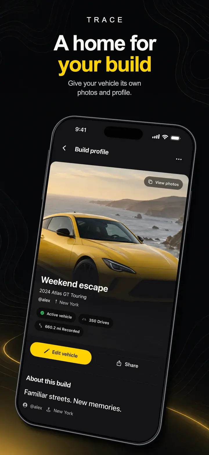 Trace App Store image headed A home for your build, showing a vehicle build profile with a photo of a yellow sports car.