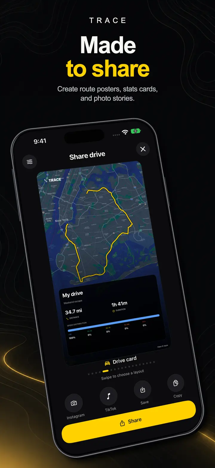 Trace App Store image headed Made to share, showing a drive share card with the route drawn over a map.