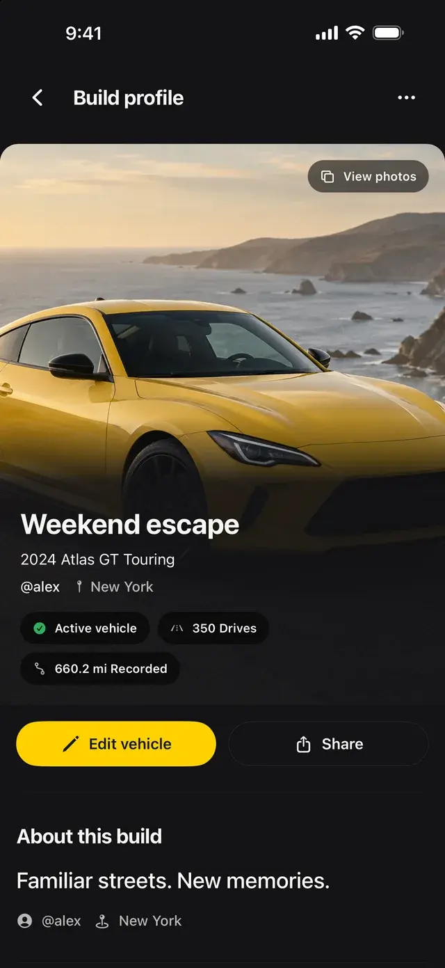 Trace build profile screen showing a yellow sports car, its name, and its recorded drives and distance.