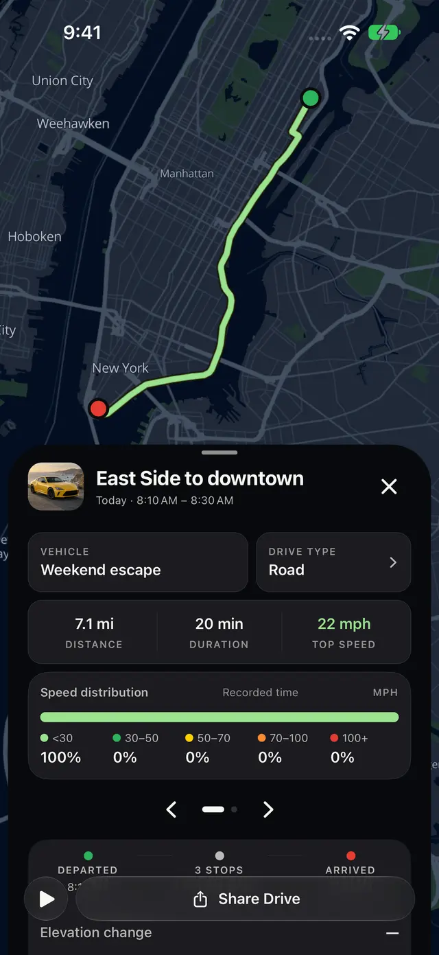 Trace drive detail screen showing a downtown loop on a map with distance, duration, top speed, and speed distribution.